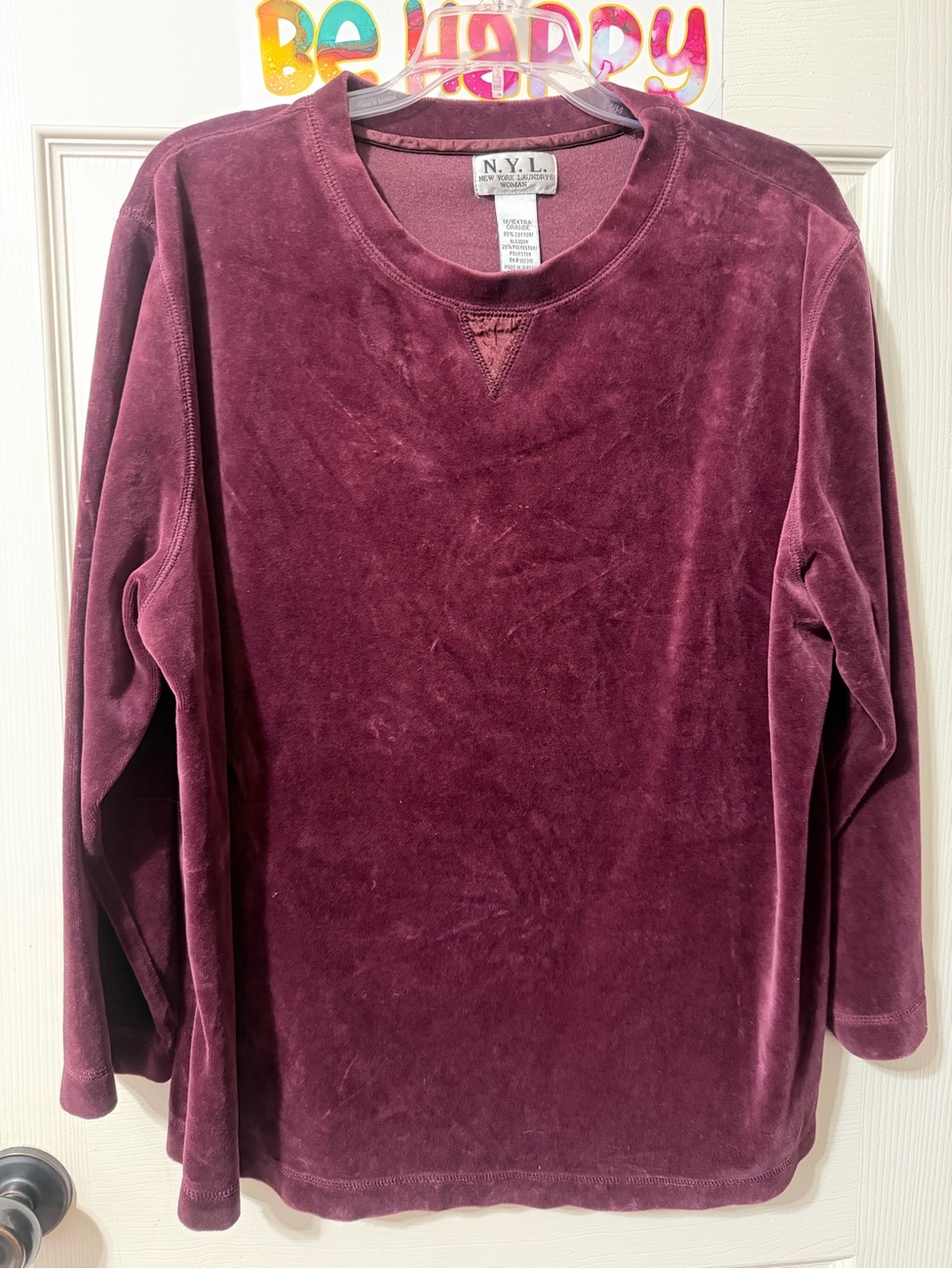 New York Laundry Velvet Crewneck Long Sleeve Top - Wine
